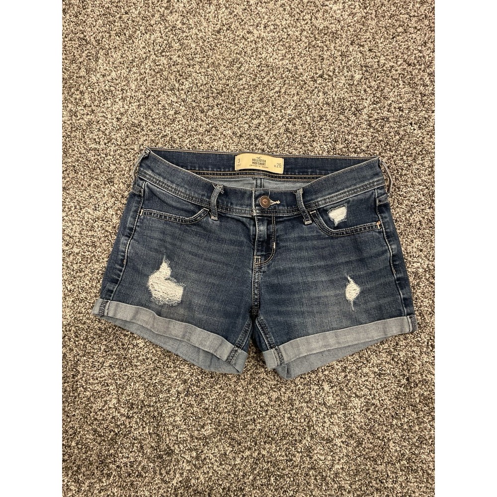 Hollister Jean Denim Shorts Womens 3/26 Midi Low Rise Inseam 4" Distressed Cuff
